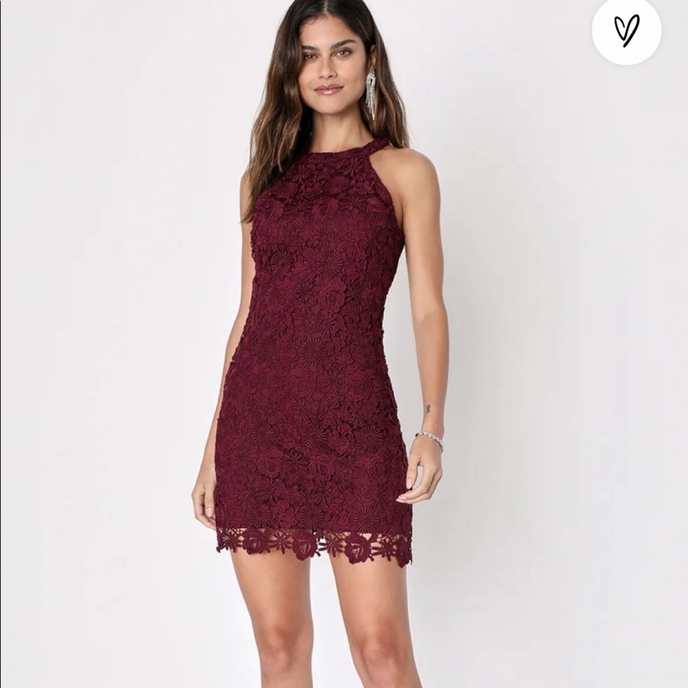 Lulus Love Poem Burgundy Lace Halter Mini Dress